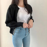 2022 Autumn Fashion Streetwear Pearls Beading Edging Ripped Cardigan Women Casual Sweater Lady