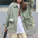 Aachoae Korean Style Loose Cargo Jacket Women Streetwear Batwing Long Sleeve Pockets Coat Vintage Autumn Winter Casual