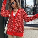 V-neck Lantern Long Sleeve Cardigan Women Knitted Printed Oversized Sweater 2022 Fall New Single-breasted
