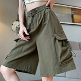 Thin Cargo Shorts Women Y2K Loose Fashion Drawstring Pocket Shorts Bf Baggy Korean Streetwear Wide Leg Knee-Length Pants-Outfit