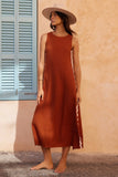Spring And Summer New Casual Fashion Sleeveless Rounded Collar Solid Color Splicing Lace Fork In The Long Dress