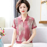 Women's Clothes V-neck Short Sleeve Plaid Striped Printing Female Clothing Casual Loose Fitting Large Vintage Tops-Outfit