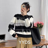 Winter New Round Collar Tassel Clip Retro Loose Fashion Foreign Style Sweater Bottom Sweater Female-Outfit