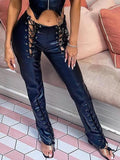 Cut-out Lace Up Pu Leather Pants-Outfit