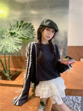 Lace Striped Bow Long Sleeved Top-Outfit