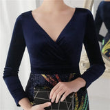 Winter Elegant Velvet With Sequins Deep V Neck Long Sleeve Slit Cocktail Eevening