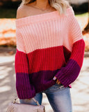 Toloer And Winter Women's One Word Collar Loose Splicing Color Knit Jumper Sweater