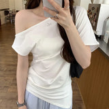 Seam Forked Irregular Shoulder Short-Sleeved T-Shirt Women's New Summer Design Feel Minority Lazy Style Beautiful Blouse-Outfit