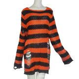 Toloer Hole Hollow Out In The Long Sweater Female Stripe Loose Color Dark Versatile Knit Niche Punk-Outfit