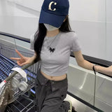 Toloer Girl Butterfly Print Short-Sleeved T-Shirt Female 2024 Summer Slim Slim Short Crop Student Top