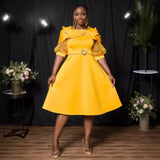 Bow Perspective Lantern Sleeve Dress Party Party A Skirt Yellow