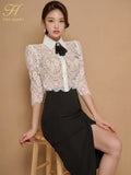 Han Queen Elegant 2024 Summer 2 Pieces Set Women Bow Lace Tops + High Waist Slit Pencil Skirts Casual Simple Office Skirt Suit-Outfit