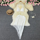 Toloer Ins Vacation Style Suit Female Design Sense Bikini Hanging Neck Vest Versatile Tassel Skirt Knit Two