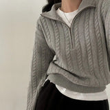 Vintage Lapel Neck Cable Knit Sweater-Outfit