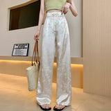 New Chinese Style Jacquard Tray Buckle Satin Casual Pants Female 2024 Spring National Wind High Waist Hanging Feeling Straight Tube Wide Leg Pants-Outfit