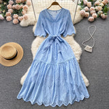 Women Dress Embroidary Solid Summer 2022 Hollow Out V Neck Ruffled Sashes Adjustable Waist Ladies Long A Line