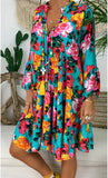 Bohemian Women Dresses Summer Long Sleeve Button Loose Mini Dress Big Swing Boho Dress Printed Vestido 425-0-Outfit