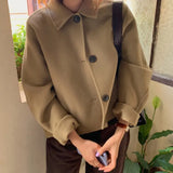 2023 Autumn Winter Women Elegant Solid Color Wool Coats Chic Turn Down Collar Long Sleeve Coat Female Chic Outerwear 1028-0-Outfit