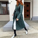Simplee Long straight winter coat with rhombus pattern Casual sashes women parkas Deep pockets tailored collar stylish