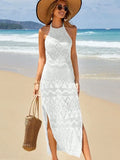 Beach Dress Hollow Knitted Neck Sling Sexy Bare Back Fork Long Tie-Shirt