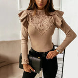 Women Lace Patchwork T-shirt Long Sleeve Turtleneck Skinny Tshirt Autumn Winter Fashion Slim Butterfly Sleeve Solid T Shirt-Outfit