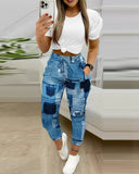 Women's Two Sets Of Short-Sleeved Commuting Print Trousers