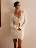 Summer New Set Knitted Hollow Deep V Collar Long Sleeves Shirt Casual