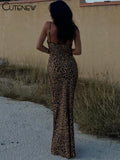 Women's Leopard Printed Maxi Dress Elegant Spaghetti Strap Backless Lace-up Robe Skinny Retro Dresses Vestidos New 2024-Outfit