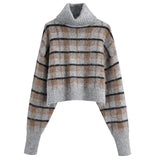 Casual Plaid Contrast Vintage Pull Femme High Collar Long Sleeve Stripe Sweater Winter Clothes Women Pullovers Chic