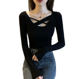 Toloer Women 2024 New Autumn Top Design Feeling With Bottom Shirt Black Slim Slim Long-Sleeved T-Shirt