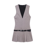 Women's Clothing 2025 Autumn And Winter New Waist Bandwidth V-Neck Sleeveless Checker Mini