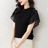 Toloer New Summer Of 2023 Loose Show Thin Short Sleeve Lotus Leaf Sleeve Jacket Thin Design Sense Minority Chiffon Shirt Girl-Outfit