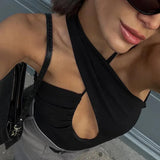 Black Backless Hollow Asymmetric Strap Bodysuit-Outfit