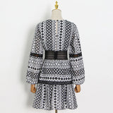 Floral Print Mini Dress For Women V Neck Lantern Long Sleeve High Waist Colorblock Dresses Summer Women's