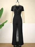 Round-Neck Short-Sleeved Nail Beads Jumpsuit Casual Wind High Waist Thin Party Dress