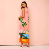 Summer New Sleeveless Round Collar Printing Holiday Style Casual Open Skirt Dress