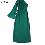 Women Sexy Single Shoulder Solid Asymetrical Midi Dress Female Chic Side Pleats Slim Zipper Split Party Vestidos - BB DS1966Y / S / China