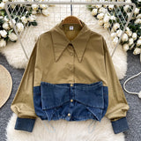 Dress Korean Fashion Design With Bow Denim Spliced Long-Sleeved Shirt Women Loose Shirt