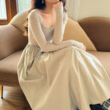 New Round Collar Bottom Dress Long Sleeves Thin Korean Knitted Dress Medium Long European Knitted