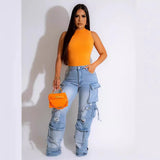 Hot Women's New Retro Casual Hole-Breaking Workwear Wide-Legged Multi-Bag
