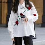 Women 3D Floral Temperament Tops Office Lady Korean Fashion Loose Shirts 2023 Blusas Mujer De Moda Sweet White