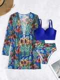 Toloer New Sexy Bikini Mesh Three-Piece Set Gathered Print Split Swimsuit