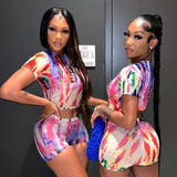 Summer Printed T-Shirt Blouse, Women's Wear, New Fashion Leisure Street Net Shorts Set-Outfit