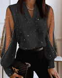 Lace Patchwork Pullover Shirt Blouse Women Spring V-neck Long Sleeve Shirts For Women 2024 Casual Black Mesh Print Blusa-Outfit