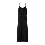 Party Small Dress 2025 Autumn New Sling Embroidered Flowers 100 Folds Under The Pendulum Pure Color