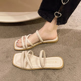 Toloer Wind Sandals Female 2024 Summer New Two Wear Thin Belt Low Heel Square Head One Word Belt With A Skirt Roman Sandals-Outfit