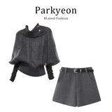 Old Money Style High-Neck Knitted Cloak Sweater With Gray Shorts Autumn Two