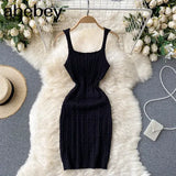 Women Knitted Strap Dress Sexy Sleeveless Slim Elastic Pencil Dress Summer Korean Bodycon Streetwear Short
