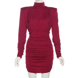 Turtleneck Long Sleeve Puff Pleated Mini Dress-Outfit