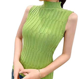 Women Ribbed Halter Tank Crop Tops Summer Spring 2023 Base T-shirt Harajuku Adults Sleeveless Solid Color Round Neck Knit Tops-Outfit